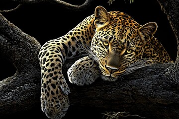 Obraz premium Majestic wildlife scene featuring a leopard in a tranquil pose.