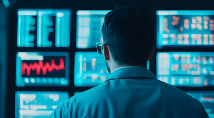 A person in a lab coat analyzes multiple high-tech screens displaying data and graphs, immersed in a scientific or technological environment.