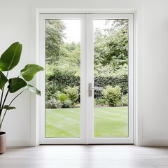 A bright modern interior with a beautiful view of a garden through double glass doors.