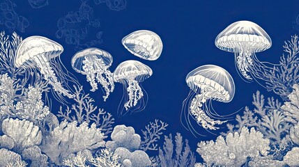 Elegant White Jellyfish Swim Amongst Blue Coral Reefs