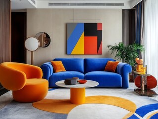 Modern Living Room Decor With Blue Sofa And Orange Chair