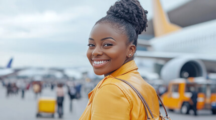 Fototapeta premium African woman in leather jacket smiling about to travel by airplane at airport