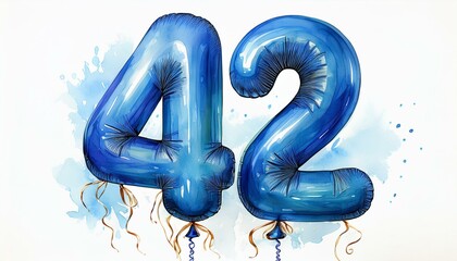 Blue birthday / anniversary balloon, number 42, watercolor painting with white background