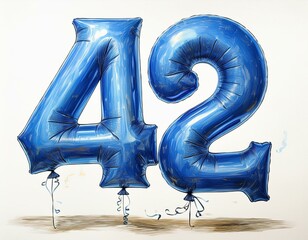 Blue birthday / anniversary balloon, number 42, watercolor painting with white background