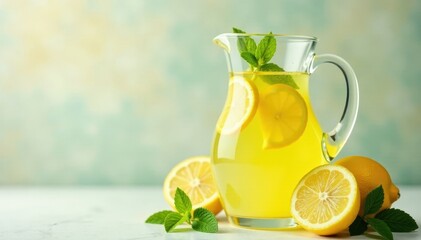 Freshly squeezed lemonade in a glass jug with lemons and mint leaves , refreshing, beverage, glass