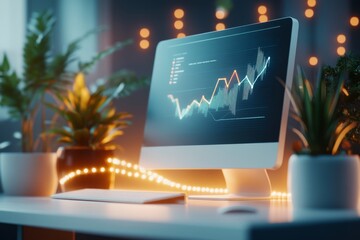 A 3D-rendered office setup with sleek modern furniture and digital charts floating above the desk