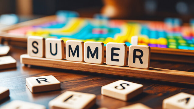 Scrabble Tiles Spelling Summer on Wooden Board with Colorful Background