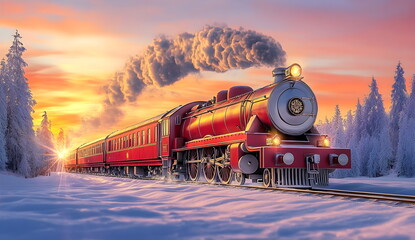 Christmas Polar Express passes through the winter forest. The train carries gifts from Santa Claus from the North Pole at sunset. Retro steam locomotive in a winter landscape. Winter holidays