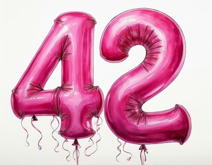Pink birthday / anniversary balloon, number 42, watercolor painting with white background