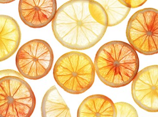 Obraz premium Vibrant Citrus Slices with Varying Shades of Yellow and Orange Arranged on a Clean White Background Showcasing the Beauty of Fresh Fruits and Natural Textures