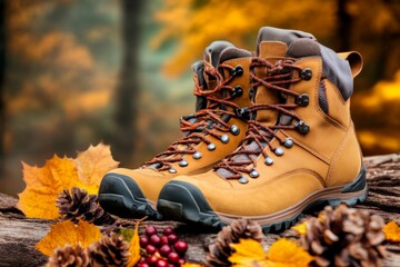 A rugged outdoor scene with a pair of work jeans draped over a log, next to hiking boots and a backpack