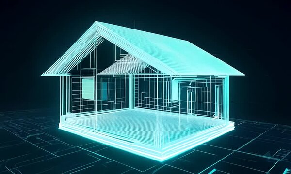 Digital wireframe model of a house glowing in blue neon light with futuristic grid elements and modern design