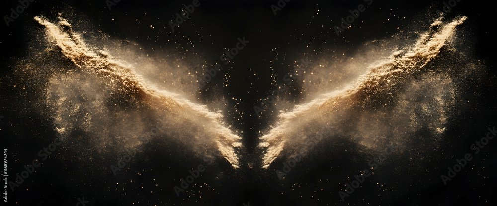 Poster in the center of an empty black background, sand particles float in space and form two dust clouds t