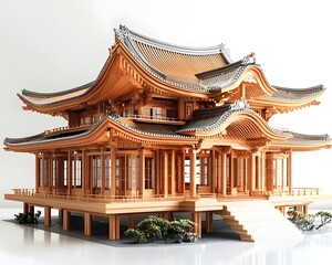 Fototapeta premium Majestic Traditional Japanese Pagoda with Curved Roofs and Ornate Wooden Architecture on White Background