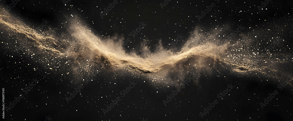 Poster in the center of an empty black background, sand particles float in space and form two dust clouds t