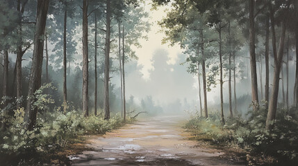 Obraz premium serene forest path surrounded by tall trees and soft mist