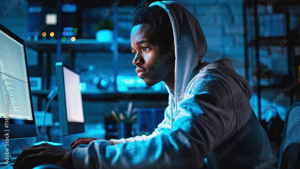 Poster A young man focuses intently on coding at his computer in a dark room illuminated by soft blue light. Shelves in the background hold various tech equipment and plants.