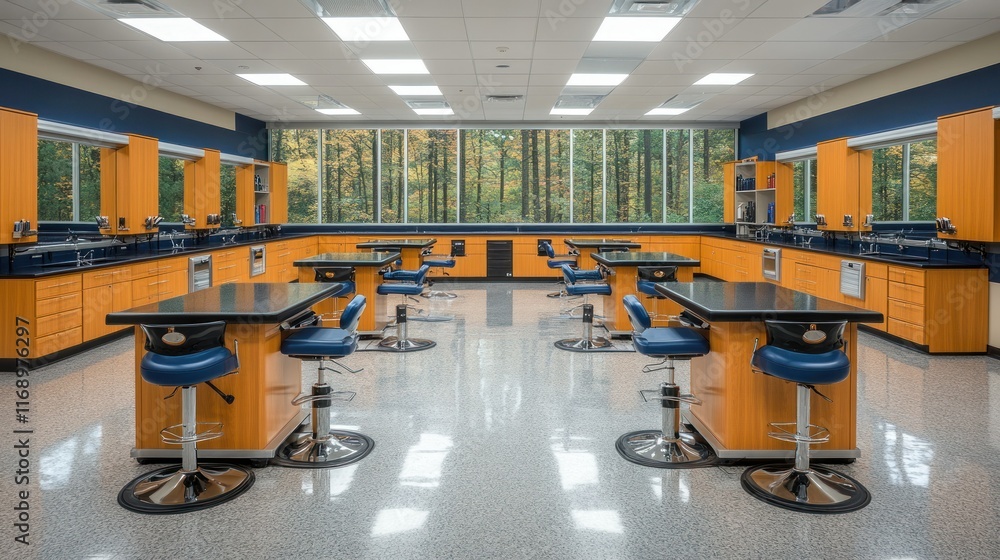 Poster modern science laboratory with workstations and windows.