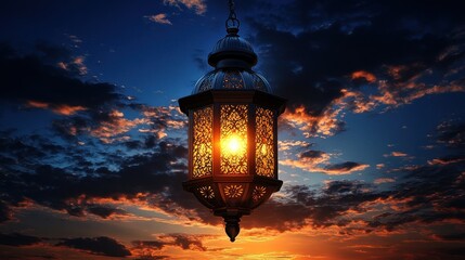 Glowing lantern against sunset sky.