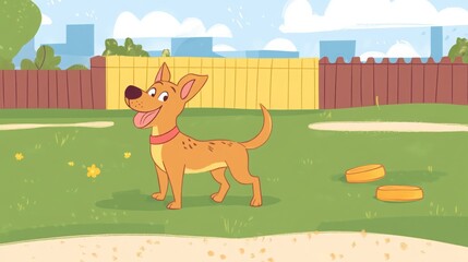 Fototapeta premium comic style, happy dog on a Dog training area field, 16:9