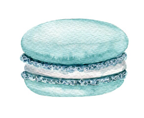 Delicate airy watercolor macaroon cake. Watercolor blue cake on a white background.