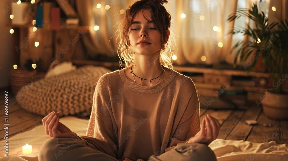 Poster a person sits cross-legged on a soft rug, practicing meditation amid warm lighting and string lights