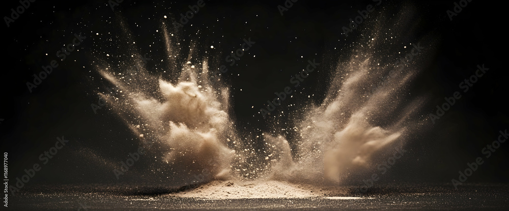 Poster in the center of an empty black background, sand particles float in space and form two dust clouds t