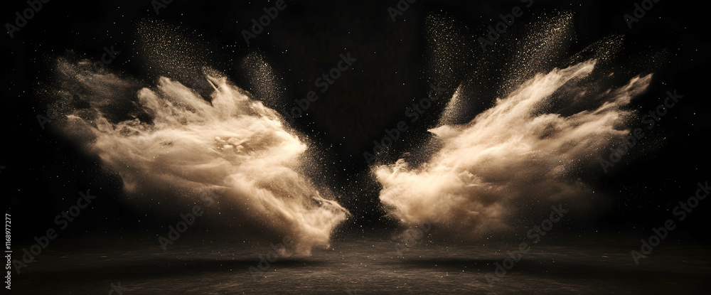 Poster in the center of an empty black background, sand particles float in space and form two dust clouds t