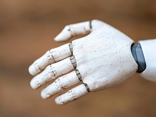 A close-up of a robotic hand, showcasing its intricate design and mechanical joints, set against a blurred natural background.
