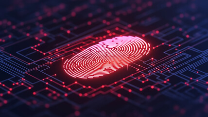 Digital fingerprint on circuit board background, symbolizing security and technology. This high tech concept represents identity verification and data protection in modern systems