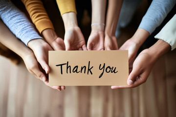 Top view of diverse young volunteers holding card with Thank you lettering while standing in charitable organization office, Selective focus on hands and inscription, Web Banner
