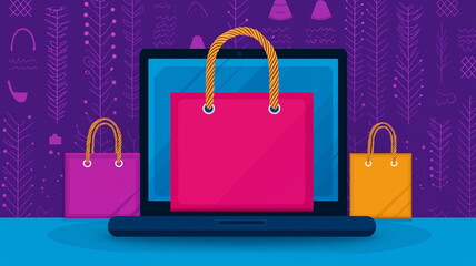 Online shopping with colorful shopping bags on laptop screen, showcasing vibrant digital marketplace experience. design emphasizes convenience and modern retail