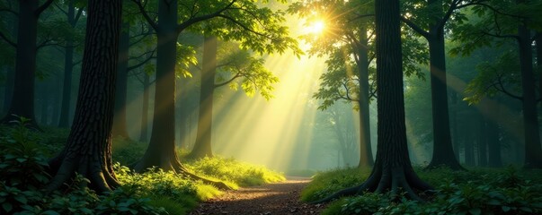 Obraz premium Luminous forest scene, shafts of light pierce canopy, landscape, woods, peaceful