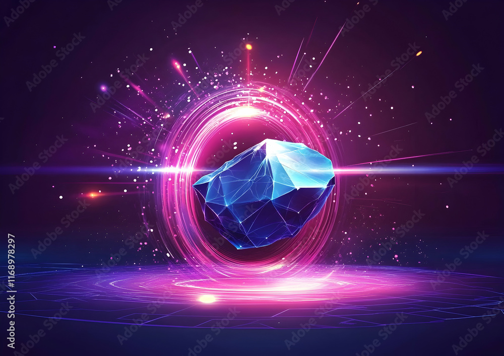 Poster an abstract dark background with an illuminated circular portal and glowing neon lights, featuring f