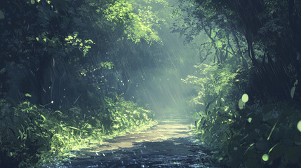 Obraz premium misty path through dense forest with rain and vibrant greenery