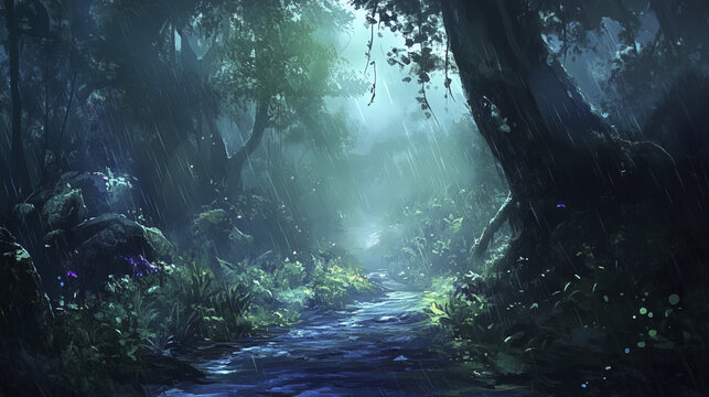 misty path through dense forest, illuminated by soft light and rain