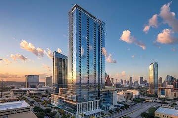 Naklejka premium skyscraper with reflective glass windows and surrounding urban landscape