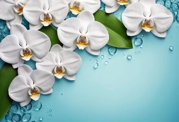 Obraz premium A white orchid flower on a blue water background with texture