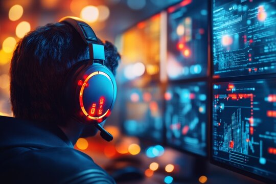 A customer service representative answering calls at a desk with multiple screens and a headset