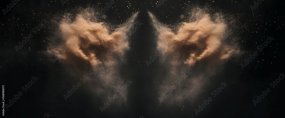 Poster in the center of an empty black background, sand particles float in space and form two dust clouds t