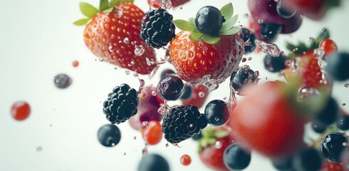 Vibrant Splash of Fresh Berries and Water Droplets Captured in Motion, Highlighting the Juicy Colors and Textures of Strawberries, Blackberries, and Blueberries
