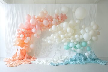 Pastel Balloons Draped with Flowing Fabric in a Studio