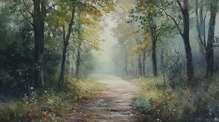 Fototapeta premium serene forest path shrouded in mist, surrounded by lush greenery