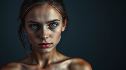 A long exposure photograph utilizing chiaroscuro lighting a young woman with acne and bare shoulders gazes at the camera against a grey backdrop. Strong contrasts and deep shadows highlight her skin t