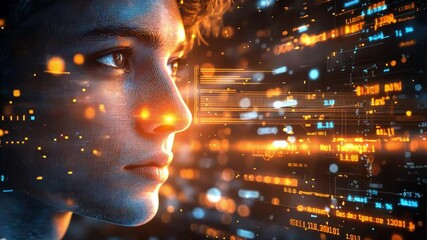 A man's face is shown in a computer generated image with a lot of glowing dots