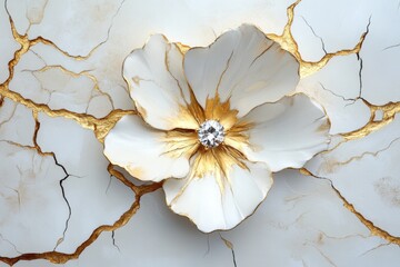 A stylized depiction of a gold and diamond ring, surrounded by abstract patterns on a white canvas