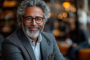 closeup of a smiling mature businessman of latin or indian descent effortlessly using his smartphone in a stylish office setting highlighting a blend of professionalism and modern technology