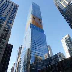 Naklejka premium skyscraper with reflective glass panels and unique architectural shape