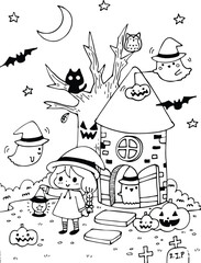 Halloween cute girl drawing page black and white vector