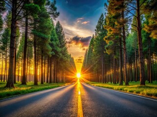 Obraz premium Sunlit avenue: A picturesque country lane, trees framing a golden hour landscape, perfect for photography.